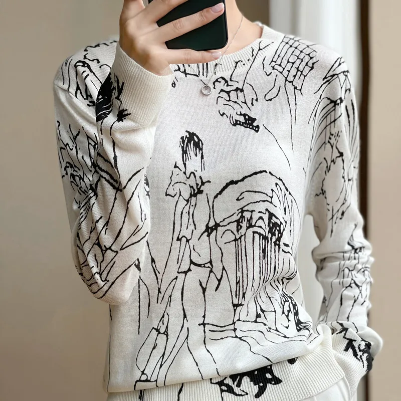 

2023 Refined Imitation Wool Knit T-Shirt Women's Long Sleeve Top Graffiti Digital Jacquard Pullover Ladies Sweater Summer Thin