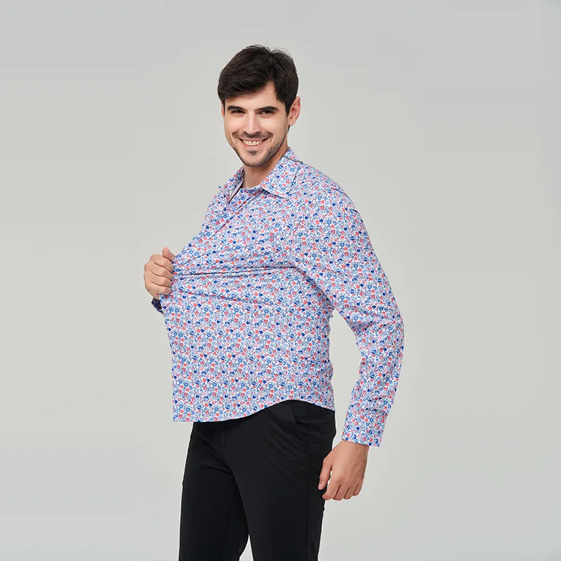 Spring Summer Men's Thin Floral Shirt Long Sleeve Polo Collar Fashion Casual Top Oversized Elastic Printed Shirt