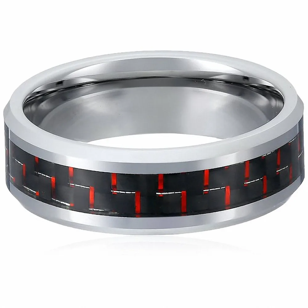 Mens 8mm Tungsten Ring Black and Red Carbon Fiber Inlay Engagement jewelry Wedding Band