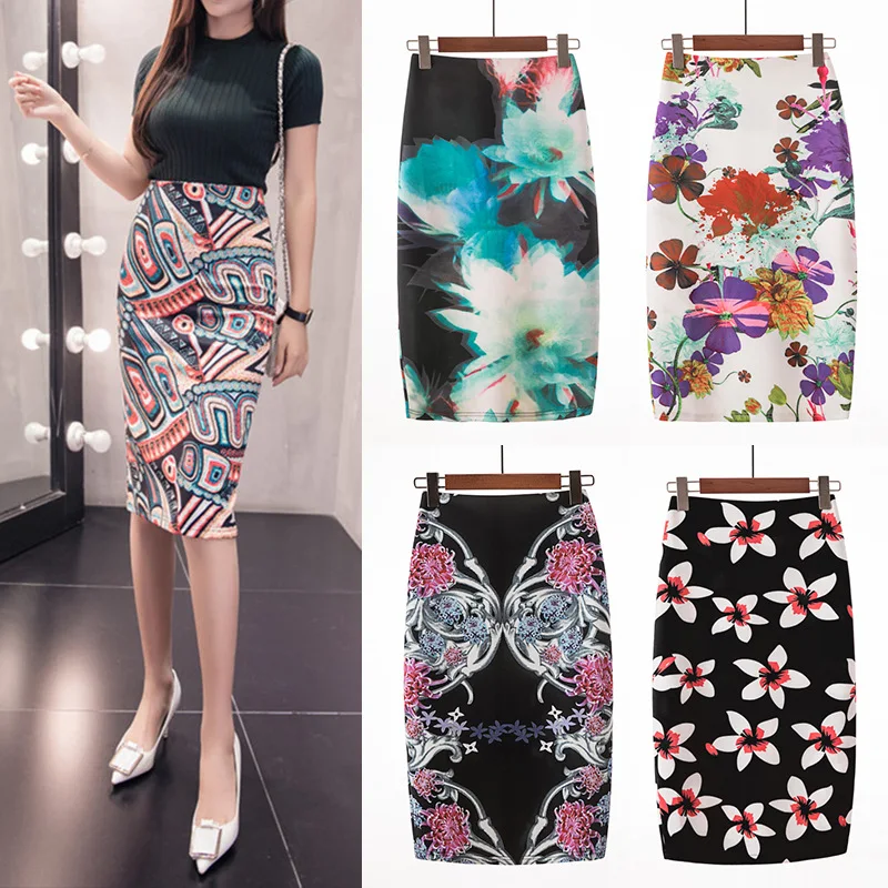 

2023 Spring Summer OL Temperament Women Digital Printed Pencil Skirt MIDI Bodycon Hip Raise Jupe S XXL