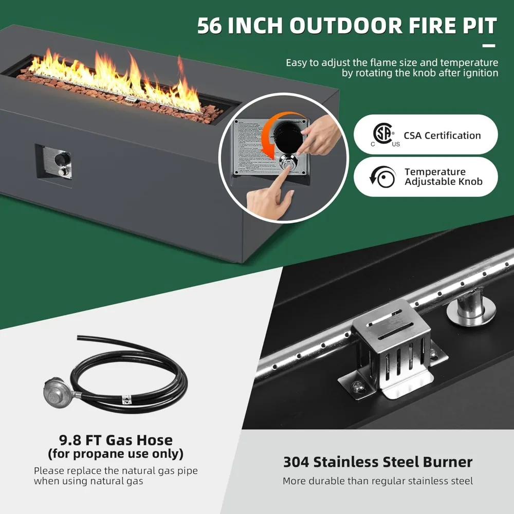 56-inch Outdoor Propane Gas Fire Pit Table 50000 BTU Iron Rectangle Fires Pits with Removable Lid Outdoor Fire Pit
