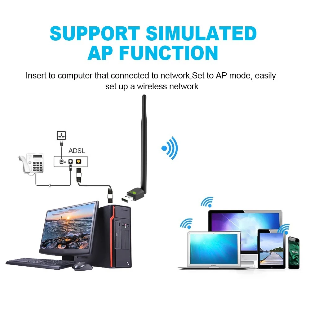 노트북 PC 용 안테나 칩셋 Ralink RTL8188FTV가있는 2.4GHz USB 2.0 어댑터 150Mbps WiFi 무선 네트워크 카드 도매 ,2.4GHz USB 2.0 Adapter 150Mbps W