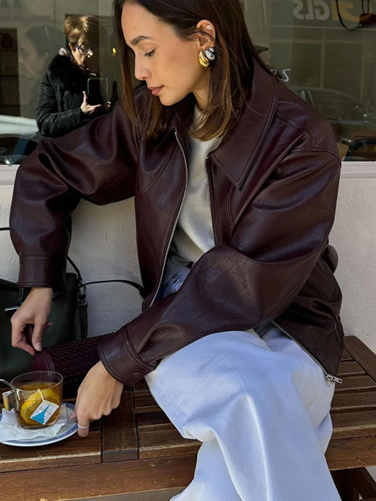 Chaqueta corta de cuero con cremallera para mujer, abrigo holgado