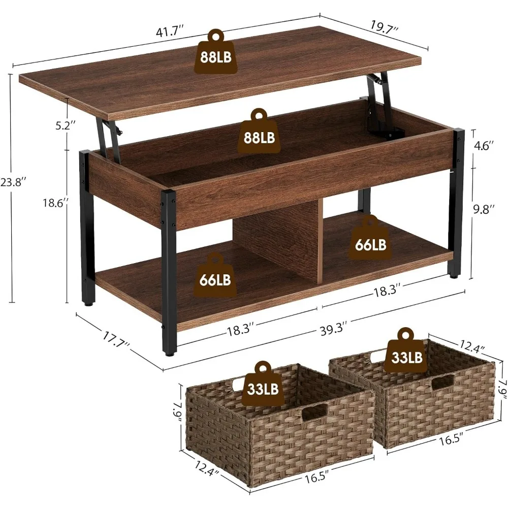 Lift Top Coffee Table with Hidden Storage Compartment and Rattan Baskets,Retro Central Table with Wooden Lift Tabletop 3
