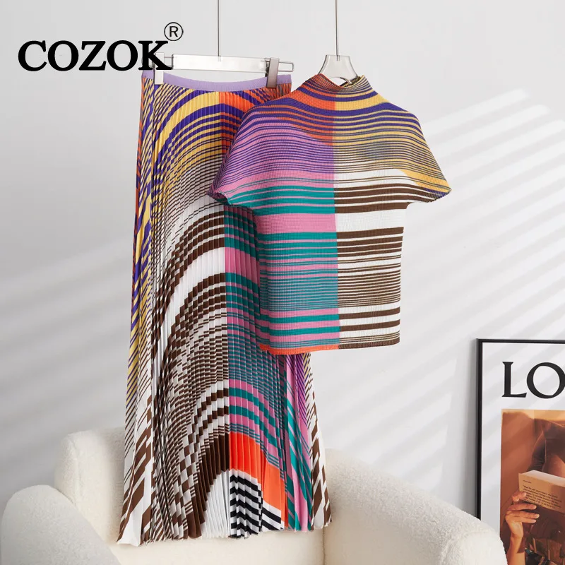 

COZOK Contrast Color Striped Pleated Half High Collar Tops Two-piece Women 2024 New Summer Casual Fashion Half Skirt WT5073