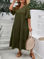 2024 Spring and Summer Amazon Europe and America New V-neck Splicing Multi color Multi size Long Swing Dress Plus Size - Image 6