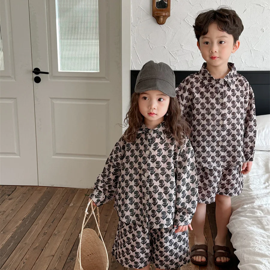

Детские рубашки и шорты, комплект из двух предметов, детская одежда в Корейском стиле, винтажный костюм с принтом для маленьких девочек и мальчиков, одежда для малышей