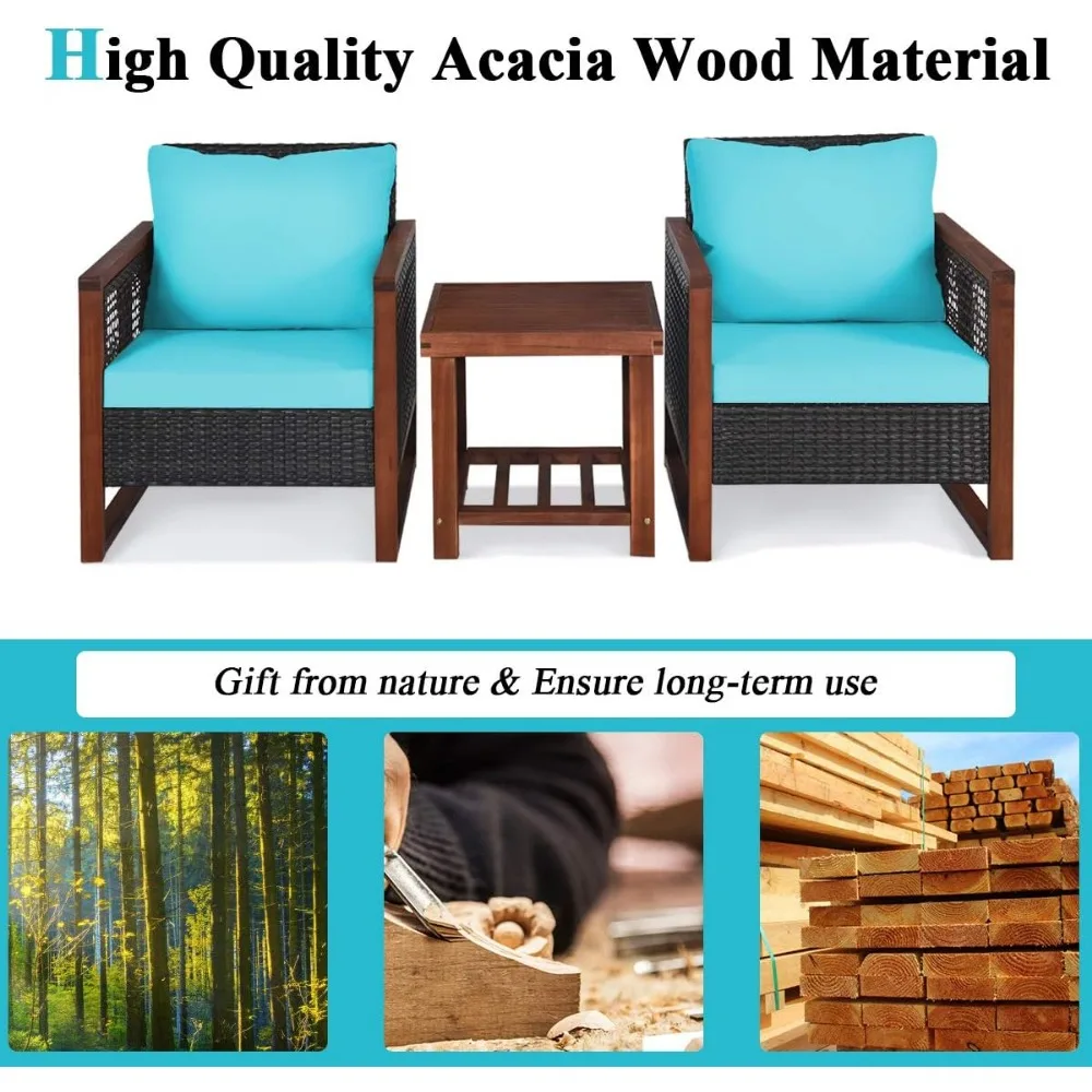 3 Pieces Patio Wicker Furniture Set, Rattan Outdoor Sofa Set w/Washable Cushion & Acacia Wood Coffee Table, Conversatio 6