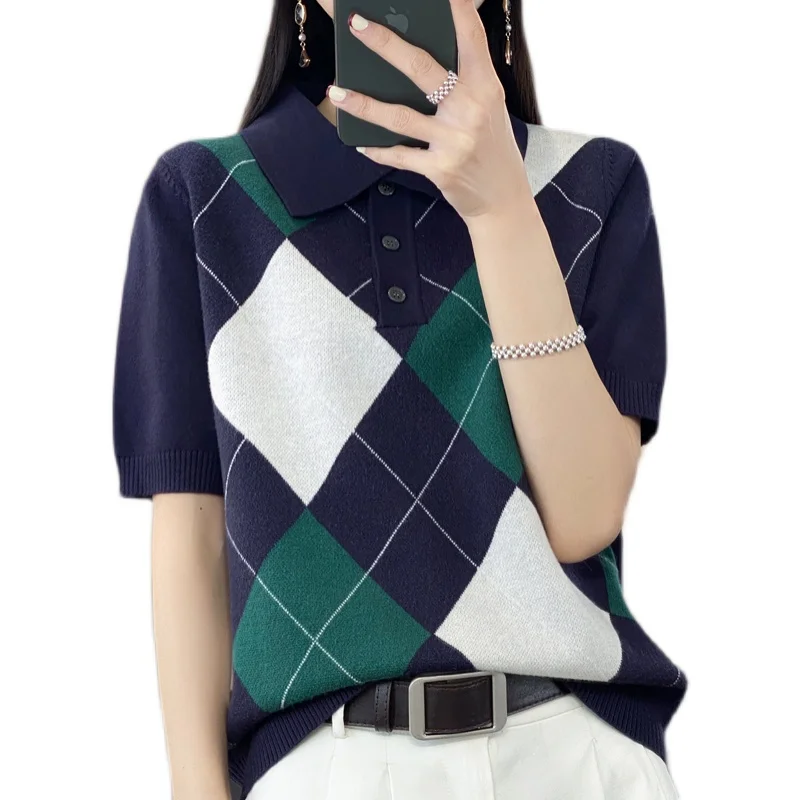 

2024 New Elegant Contrast Short Sleeve Knitted t Shirts Women's Clothing Spring Summer T-shirt Pullovers Jersey Tops Tee BC05