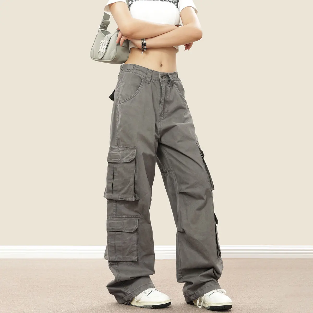 Cargo Pants Multiple Pockets Baggy Harajuku Streetwear Straight Pants Y2k 2000s Women Green Vintage Large Size Fashion Trousers