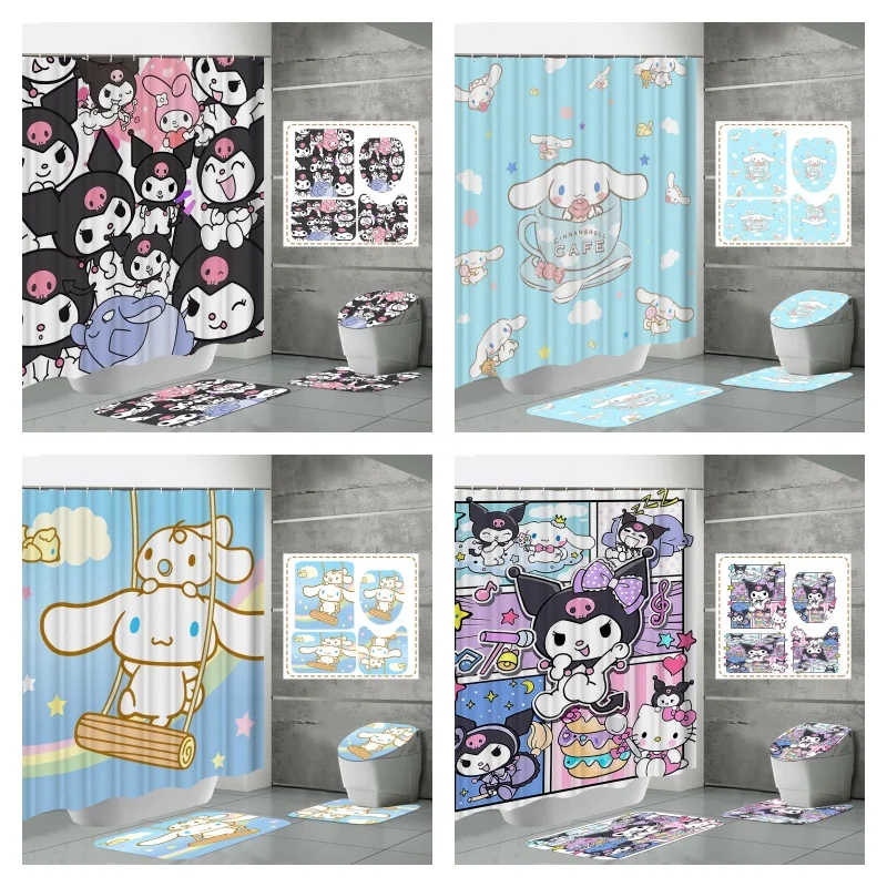 

Занавеска для душа Hello Kitty, комплект из четырех предметов Sanrio, комплект для ванной комнаты с принтом, водонепроницаемая занавеска для душа, ковер, U-образная подкладка, оптовая продажа