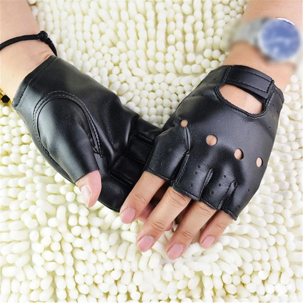 Men Unisex Artificial Leather Half-Finger Gloves Theatrical Punk Hip-Hop Driving Motorcycle Performance Party Fingerless Mittens