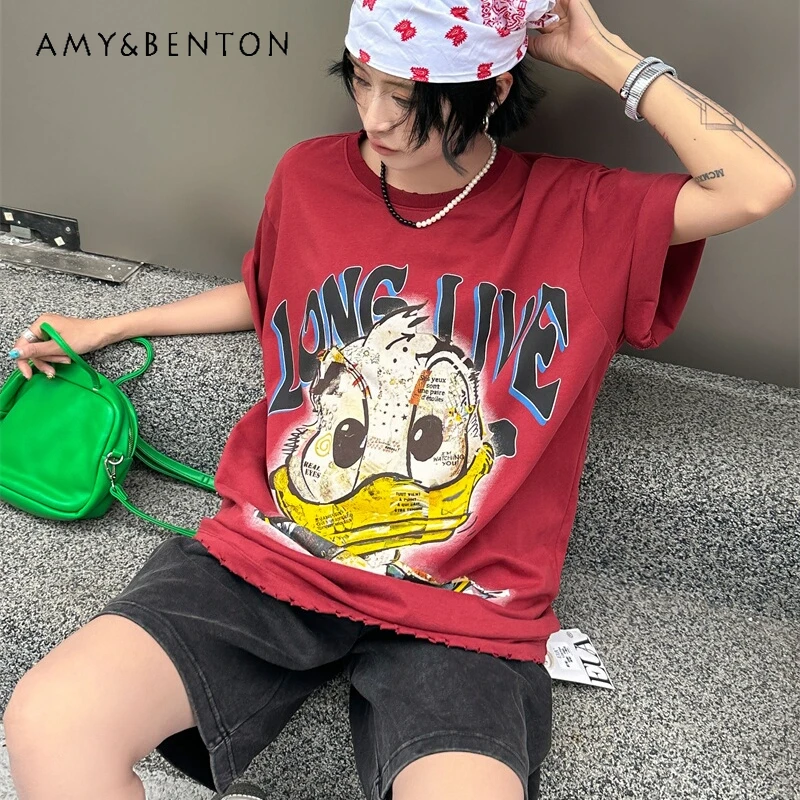 

Potdemiel Spring Summer American Cartoon Graffiti Printed Short-Sleeved T-shirt Women's Loose Round Neck Design Versatile Tees