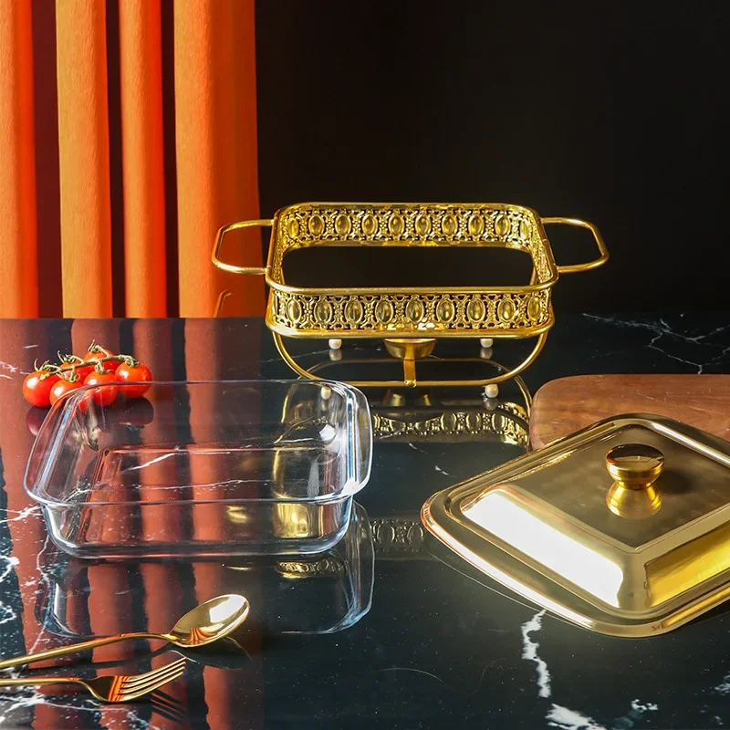 Glass buffet stove square 1.8L golden food heating container glass chafing dish 3