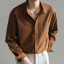 Elegant Fashion Harajuku Slim Fit Male Clothes Loose Casual All Match Outerwear Lapel Collar Solid Button Long Sleeve Jacket