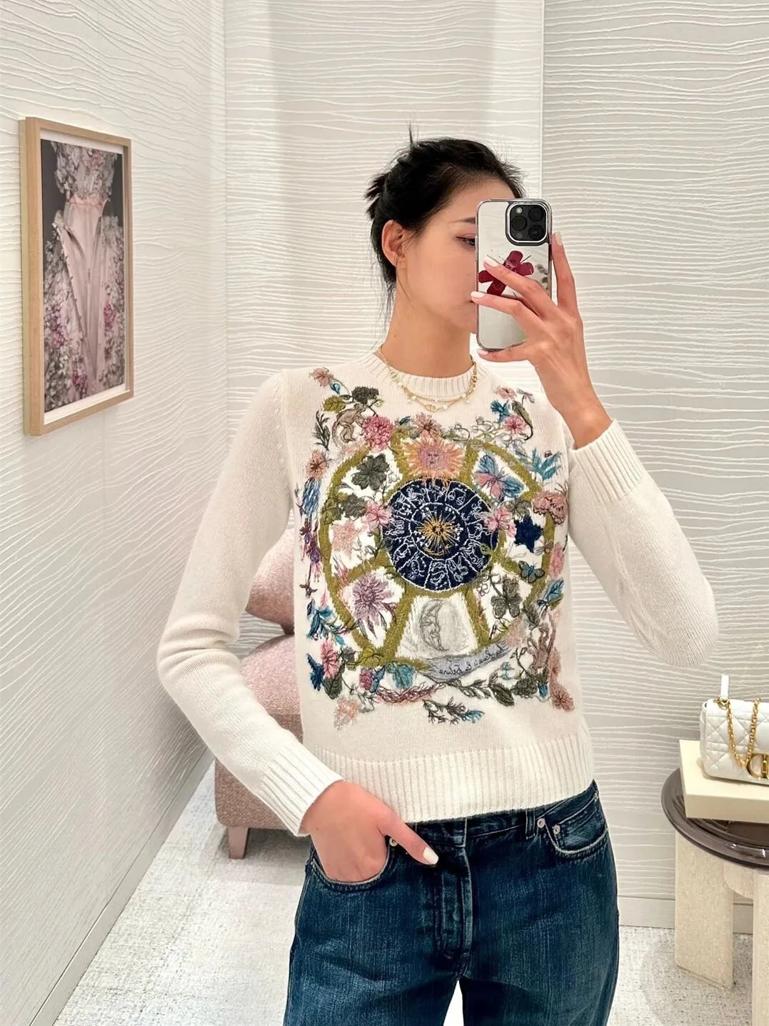 

High end quality early spring vacation new product compass flower pattern embroidered cashmere sweater, high-grade 100% cashmere