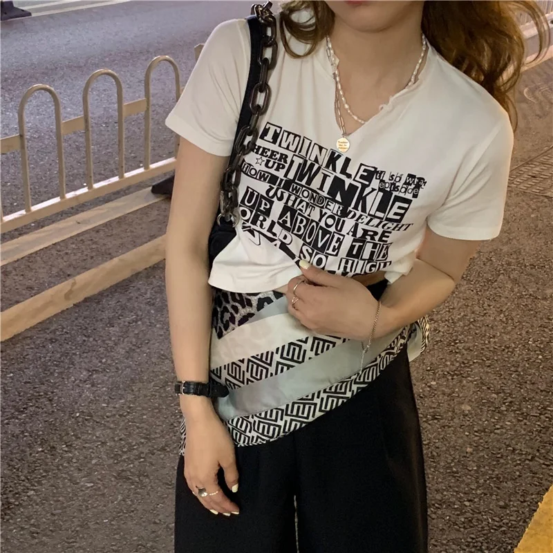 

Women V-neck letter print short-sleeved T-shirt Summer crop top