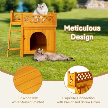 2-Story Wooden Feral Cat House Dog House for Outdoor and Indoor, Pet House with Stairs, Yellow 5