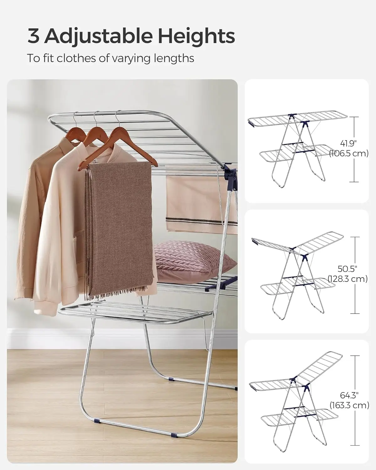 Clothes Drying Rack, Foldable 2-Level Laundry Drying Rack, Free-Standing Laundry Airer, with Height-Adjustable Wings, 33 Drying