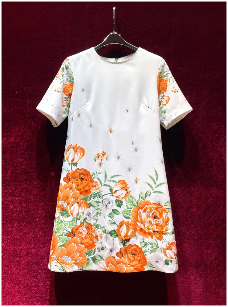 

European and American women's clothes 2024 spring new Round neck Short sleeve flower print beading Fashion dress XXL