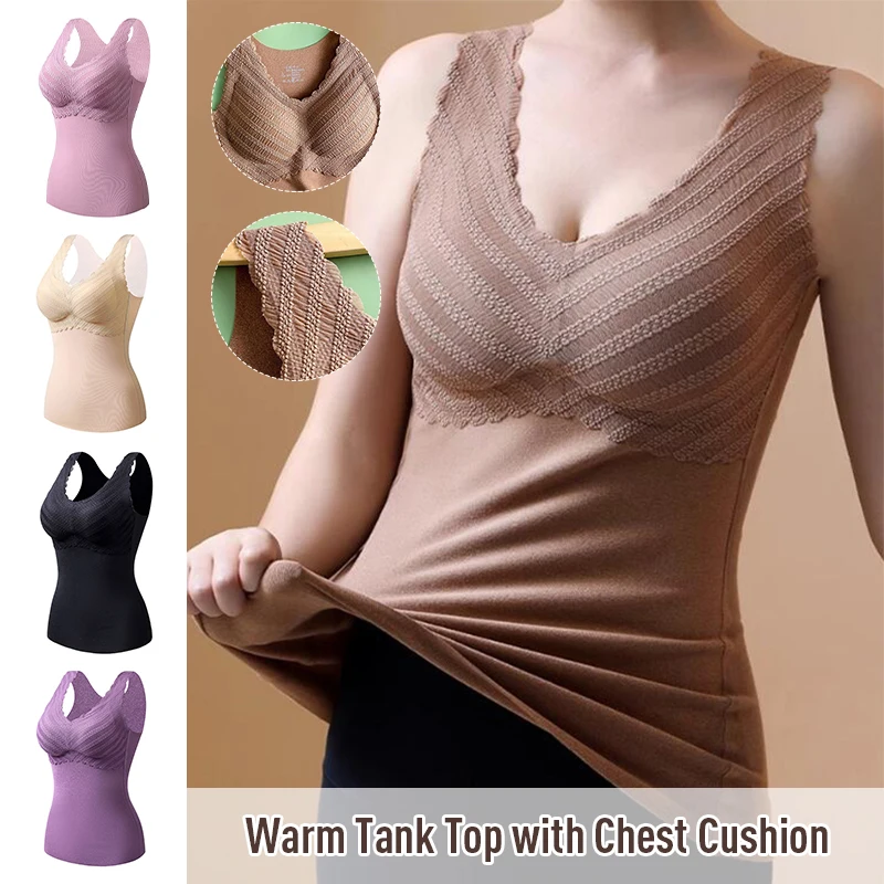 

Womens Winter Fleece Sleeveless Camisole With Bra Velvet Tank Tops Bottoming Underwear Female V-neck Camis Thermal Vest