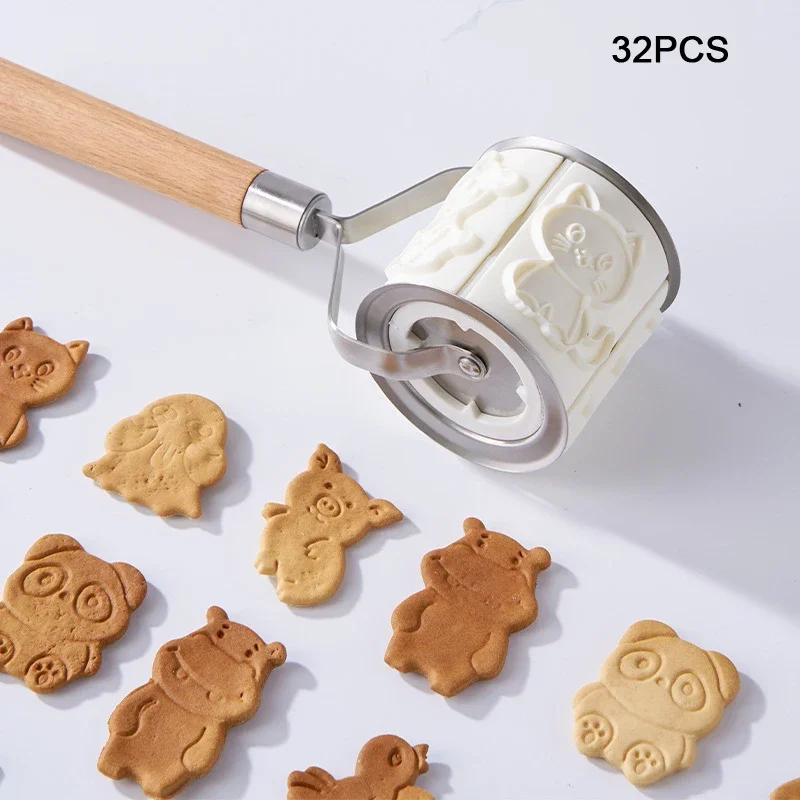 

Roller Cookie Mold with 32pcs Cartoon Animals Cars Patterns Rolling Pin Biscuit Cutter Mould Pastry Baking Tools