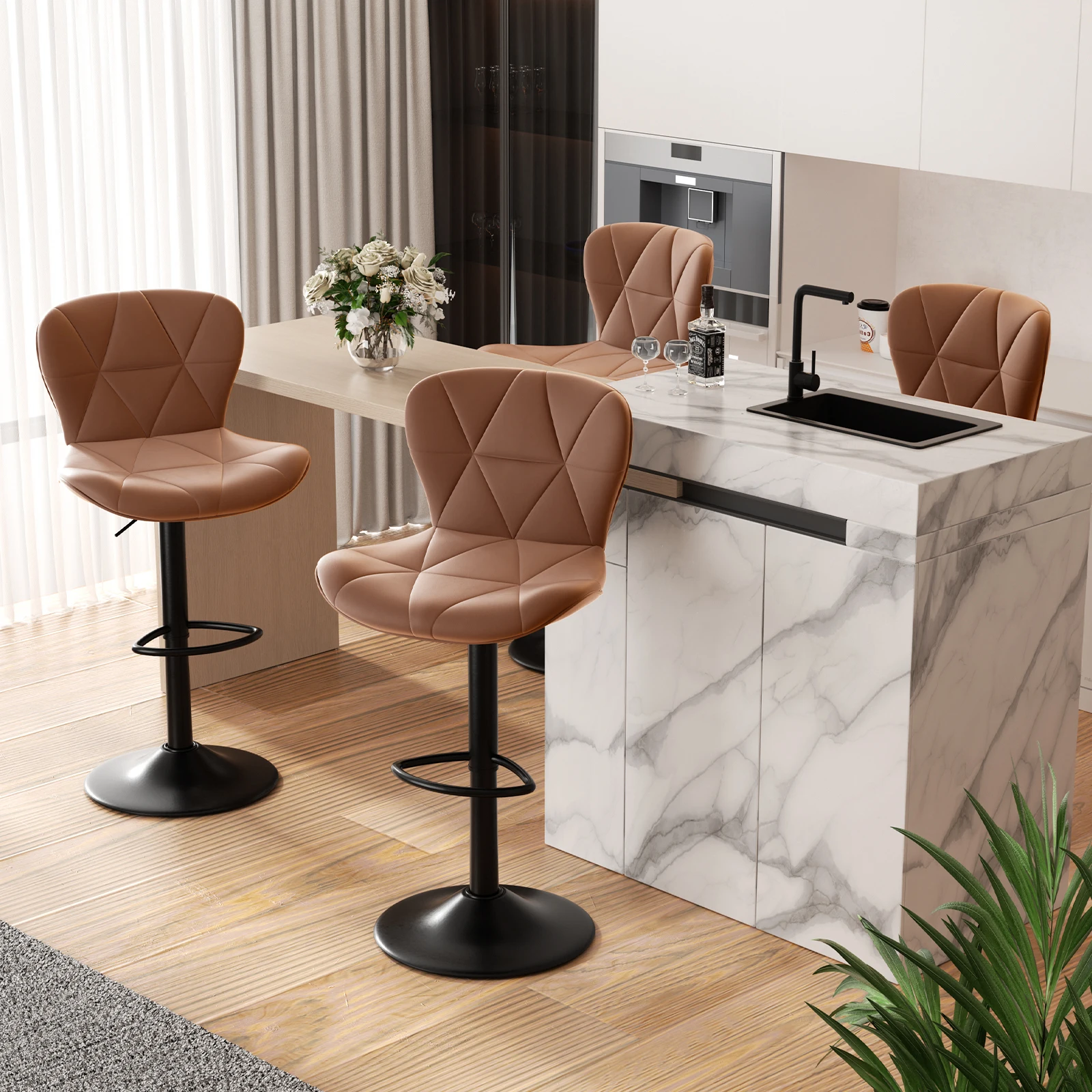 Modern Bar Stool 2-Piece Set, Adjustable Artificial Leather Cushioned Rotating Bar Stool with Backrest, Height for Kitchen Island