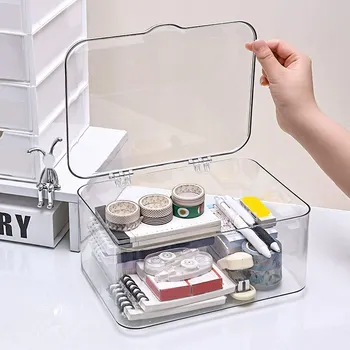 Scatola portaoggetti in plastica, Scatola portaoggetti con coperchio, Contenitore portaoggetti da scrivania con apertura a ribalta, Forniture per ufficio, Cancelleria, Contenitore per cosmetici