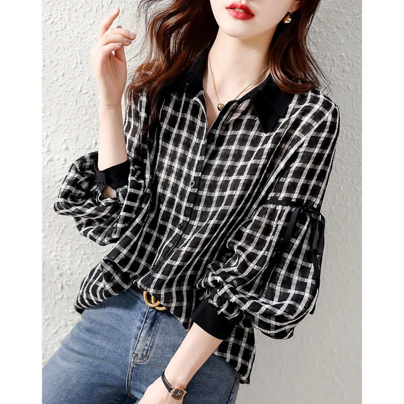 Fashion Lapel Printed Drawstring Lantern Sleeve Plaid Shirt Women's Clothing 2022 Autumn New Loose Casual Tops Korean Blouse