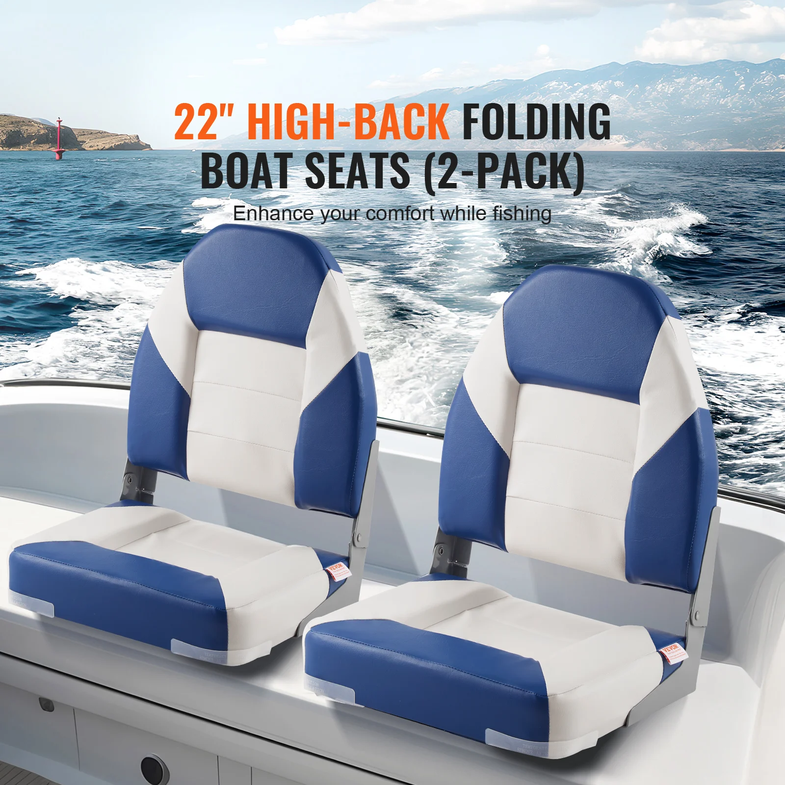 SucceBuy Boat Seats 21.85" High Back Boat Seat Folding Boat Chair Fold-Down Boat Captain Chairs for Fishing Boat, Canoe, 2-Pack