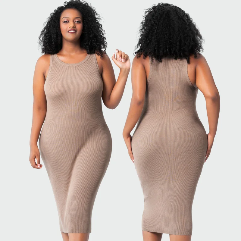 Women's Solid Sleeveless Everyday Midi Dress Woolen Knit Ribbed Cotton Plus Size Sexy Bodycon Neck Knee Length