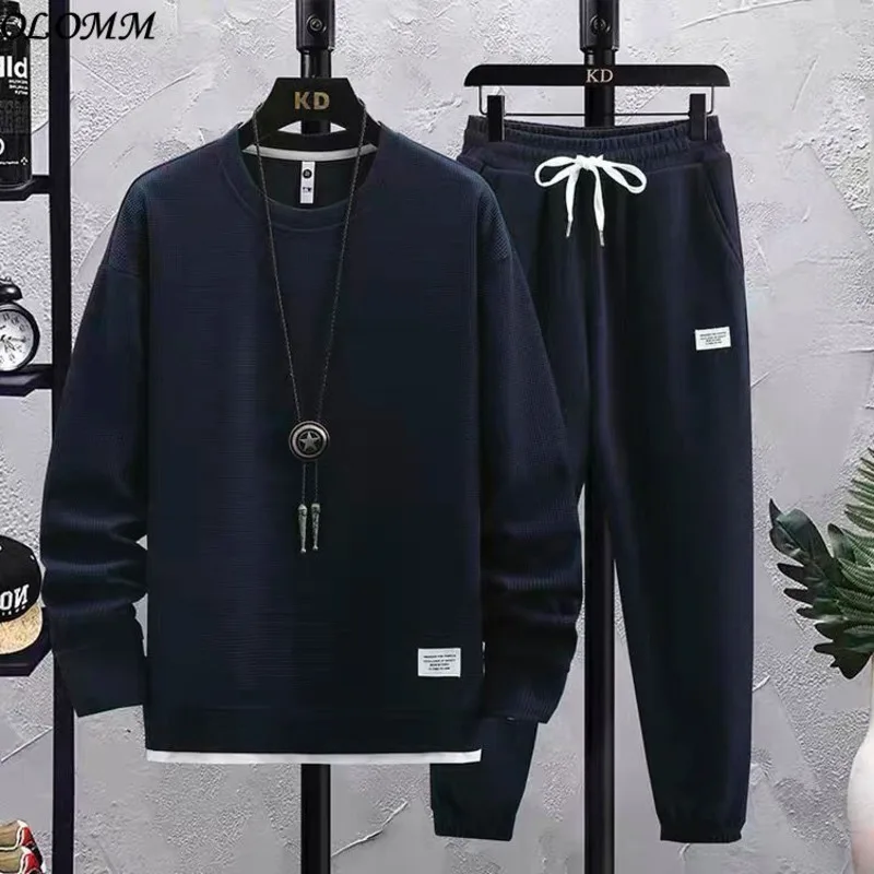 

New Casual Warm Sport Suit For Men Spring Autumn Waffle Round Neck Long Sleeved Trousers Two Piece Handsome Clothes Jogger Set