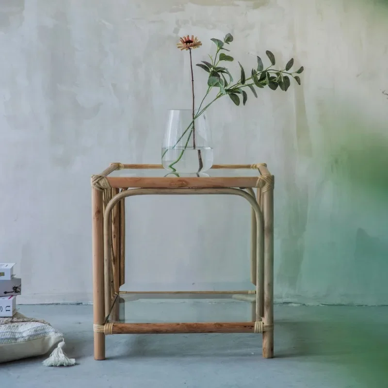 Retro rattan tea table Nordic homestay living room bay window tatami Japanese balcony tea table and rattan chair combination