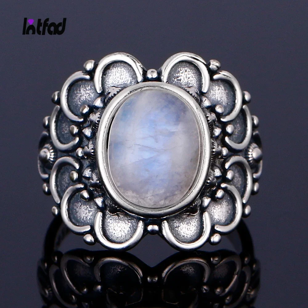 

Natural 8*10MM Moonstone Ring 925 Sterling Silver Charming Flower Shape Jewelry Wedding Party Gift Ring for Women