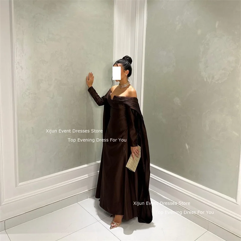 Women Prom Dresses Xijun Brown Elegant Evening Dresses Saudi Arabric Sleeves Off The Shoulder Prom Dresses Long Sleeves Prom Gown Formal Party Gown