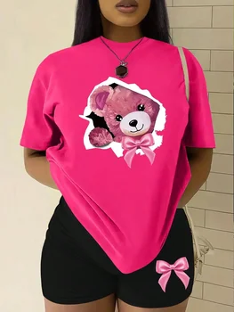 Pink Bow Broken Shell Teddy Bear T-Shirt Set Women Fashion 2 Piece Set Cool Summer Shorts Soft Fashion Short Sleeve Women Y2K to 1