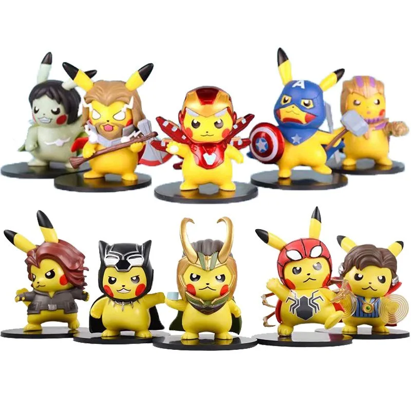 

New The Avengers 4 Anime Figures Pikachu Cos Captain America Thor Iron Man Hulk Thanos Action Figures Children Birthday Gifts