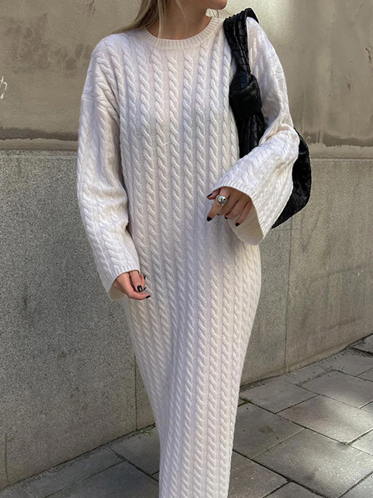 

Knitted Long Dresses Women Autumn Winter Casual Loose Long Sleeve Ribbed Dress Female Fashion Oversize Solid Twist Sweater Dress