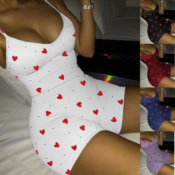Sexy Women Bodysuit V Neck Sleeveless Heart Print Bodycon Jumpsuit Spaghetti Strap Slim Fit Short Romper One Piece Jumpsuits hollow out backless spaghetti straps jumpsuit v neck sexy sleeveless women s new hot selling fashion 2023 stock