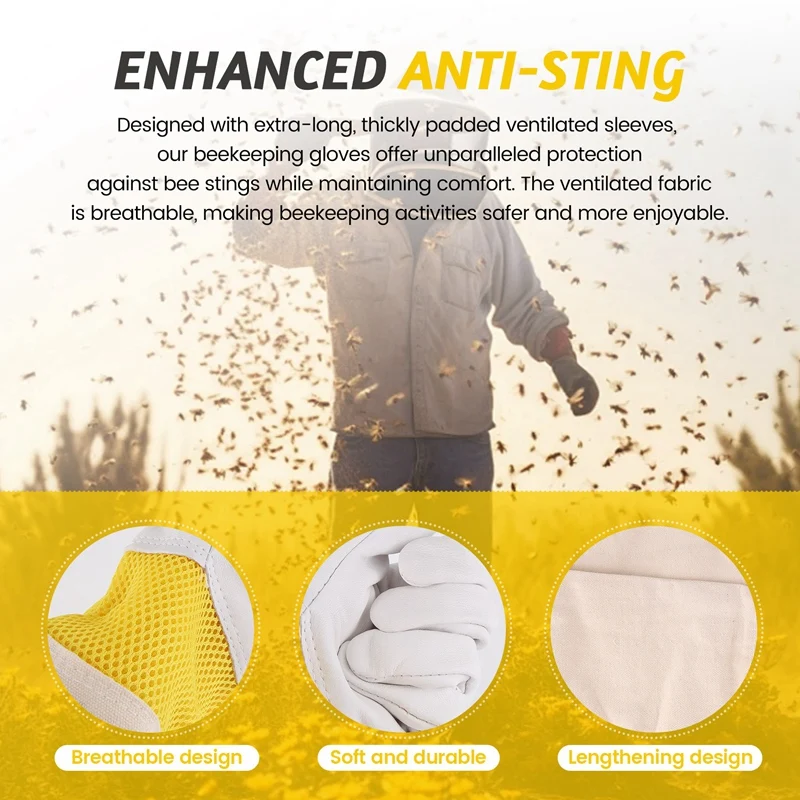 ABHG-Beekeeping Gloves Beekeeping Tools White Leather Golden Yellow Mesh Short Mesh Breathable Gloves Bee Protection Tools