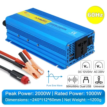 1000W 1200W 2000W อินเวอร์เตอร์ DC 12 V/24 V ถึง AC 220V Pure Sine Wave รถอะแดปเตอร์แปลง 50Hz/60Hz Dual USB EU Universal RV 11
