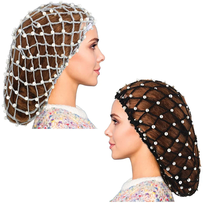 New Women Beaded Black Wig Caps for Wig Weaving Cap hair net snood Soft Rayon Hair Net Mesh Turban Oversize Knit hat Cap