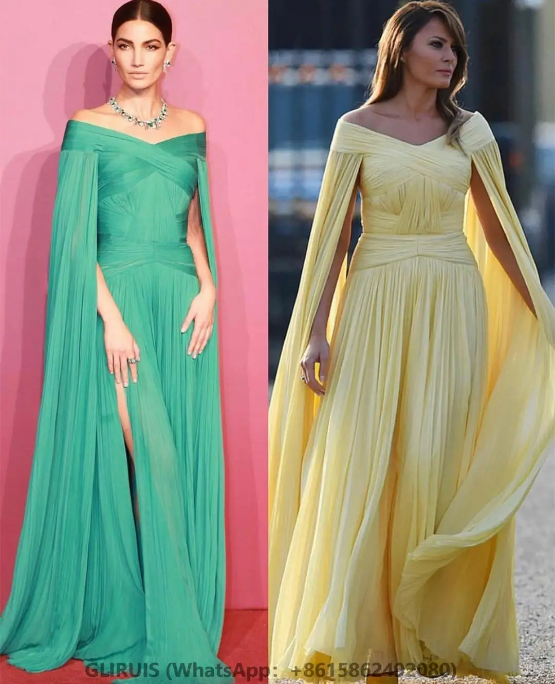 

Chiffon Yellow Evening Dresses With Cape فساتين السهرة A-Line Pleated Floor Length Prom Dress Robe de soirée for Women