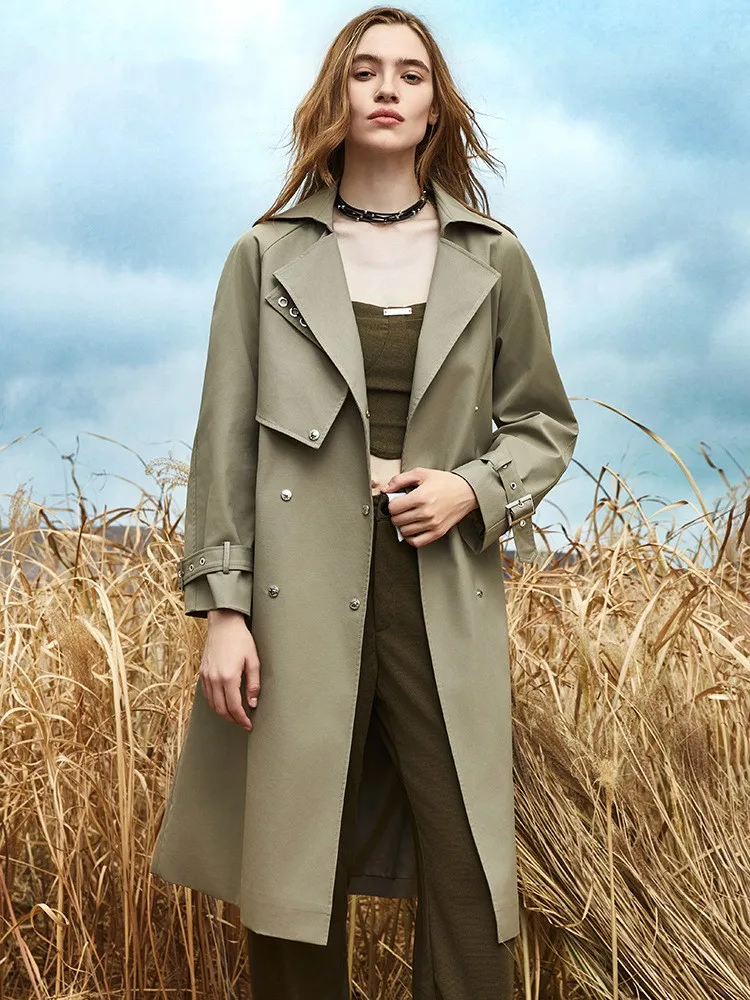 

2023 Autumn New Double layered Collar Mid length Windbreaker Women's Waistband Large Brand Casual Coat