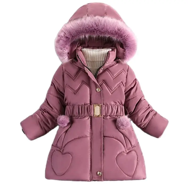 Winter Girls' Cotton-padded Clothes Thick  Velvet Pike Clothing Mid-length Kids Winter Parkas
