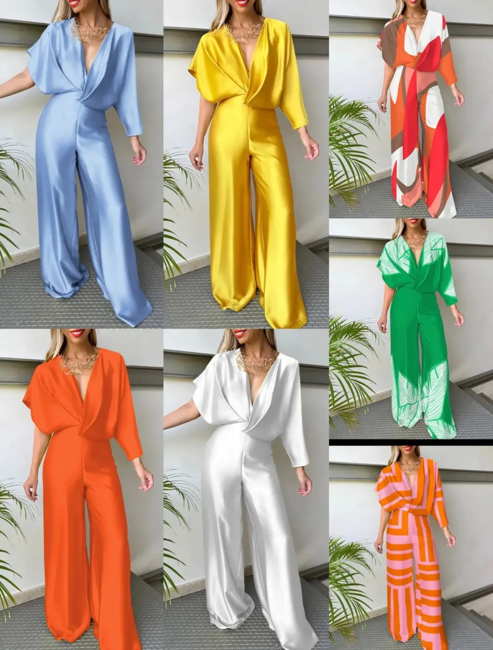 

Solid Jumpsuit Women 2023 Spring Wide Leg Overalls Pants Summer Short Sleeve Loose Rompers