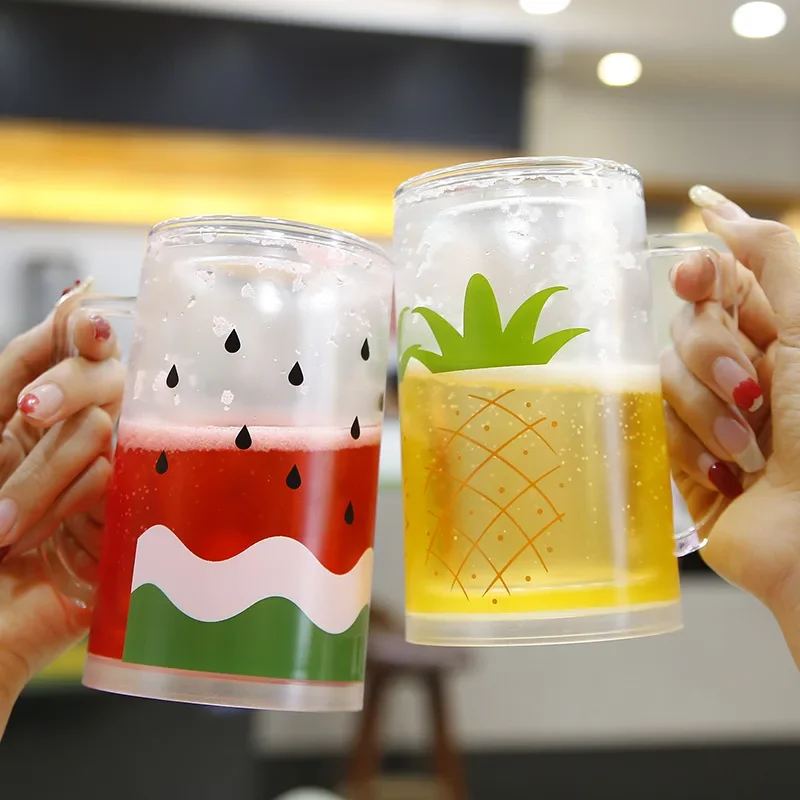 수박 파인애플 여름 아이스 컵 소다, 간편한 더블 플라스틱 핸드 커피 텀블러, 친환경 맥주 컵