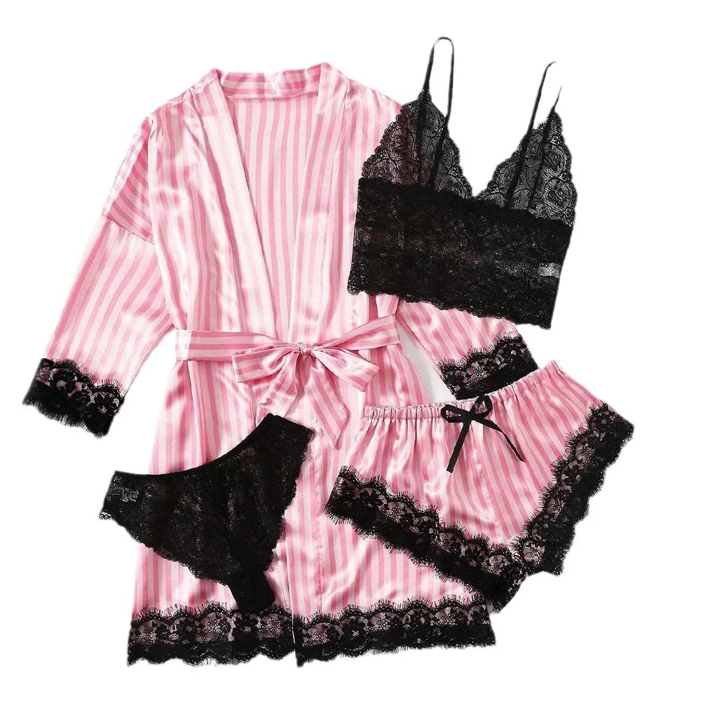 Women Pajamas Set Summer Fashion Comfortable Nightwear Lace Satin Silk Sleepwear Robe Sexy Pajama Pants Home Clothes