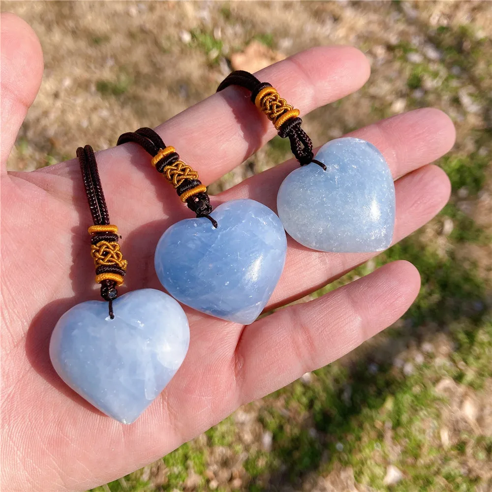 1PC Natural Crystal Blue Celestite Heart Shaped Pendant Polished Crystal Pendant Fashion Jewelry Necklace Gift 6