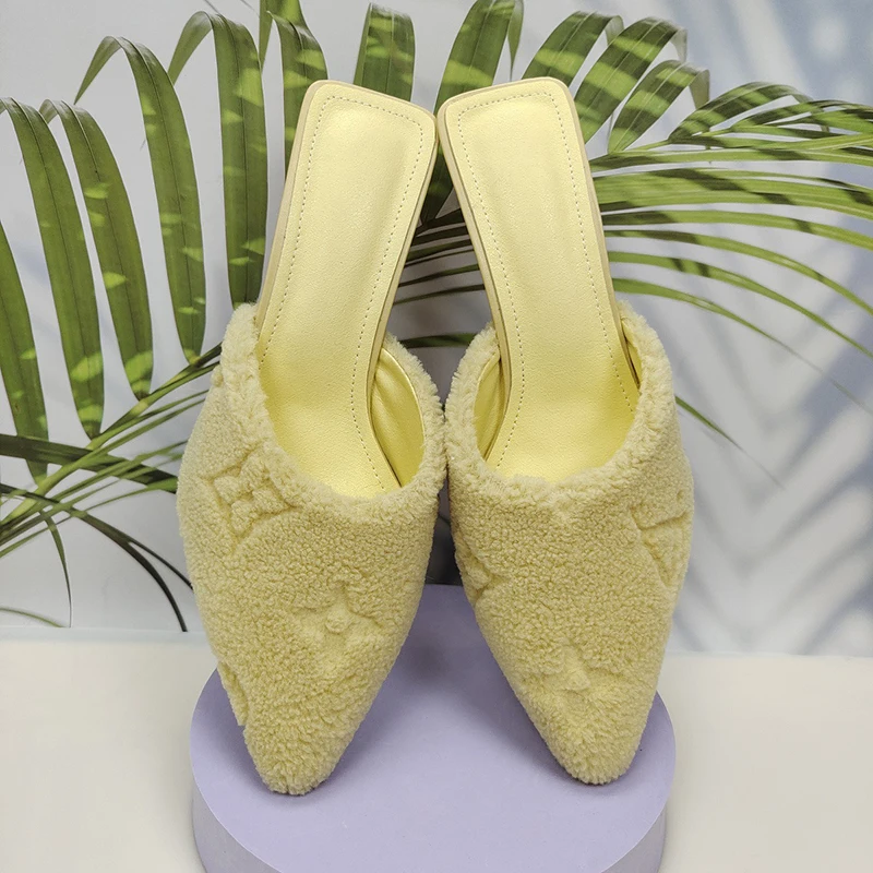 Spring Autumn Warm Short Plush Stiletto Women Slippers Pointed High Heels Fashion Soft Slip On Slides Shoes For Women Flip Flops